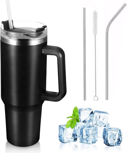 Sjzg-Gobelet Avec Paille ¿ 1 Gobelet De 1200 Ml Avec Paille Et Couvercle En Acier Inoxydable Isotherme Pour Café Chaud Et Glacé, Tasse Isotherme De Voiture (Noir)