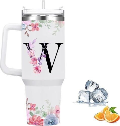 Sjzg-Gobelet Isotherme Avec Paille Et Poignée, 1180 Ml, Tasse À Café Avec Couvercle, Double Paroi Isotherme En Acier Inoxydable Pour Boissons Chaudes/Froides, Motif Floral - Cadeau Pour Homme Et