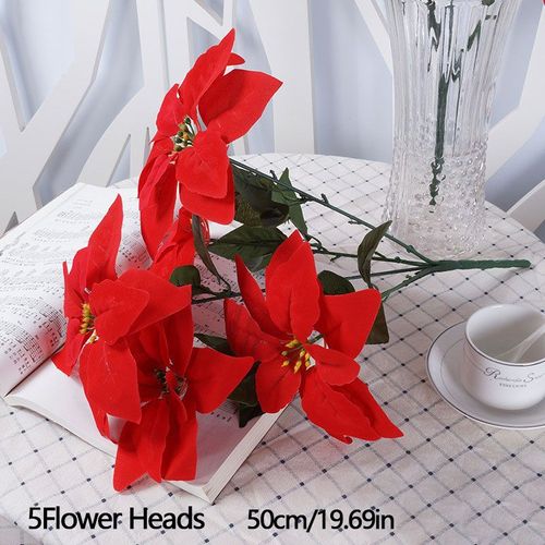 Plantes artificielles 50cm,décoration de noël,fausse fleur rouge,décor d'arbre de noël,fausses plantes,branche,plante florale en Slik pour la maison et le jardin - Type 5 heads 50cm