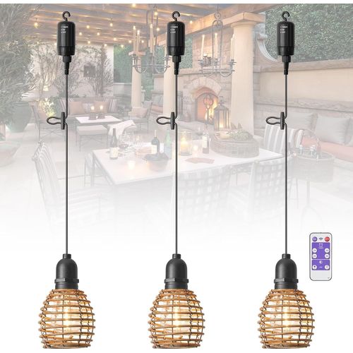 Lot De 3 Dimmable Suspension Luminaire Exterieur,Blanc Chaud Lustre Avec Batterie Style Boho Vintage Lustre Salle À Manger Avec Télécommande Pour Extérieur,Camping,Cuisine,Chambre