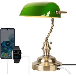 Lampe De Banquier Verte, Lampe De Bureau, Chevet Rétro, Lecture E27 Lampe De Table, Interrupteur À Tirette En Laiton Vintage Lampe De Chevet Pour La Chambre