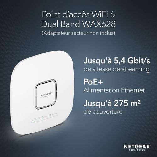SUBZONAL-NETGEAR Points d'accès WiFi 6 PoE+ (WAX628) - WiFi 6 Tri Bandes AX5400, Borne WiFi 6, Port Ethernet 2,5 G, 802.11ax, MU-MIMO, Gestion à Distance Via Insight 4 ans, PoE+ Adaptateur Secteur en