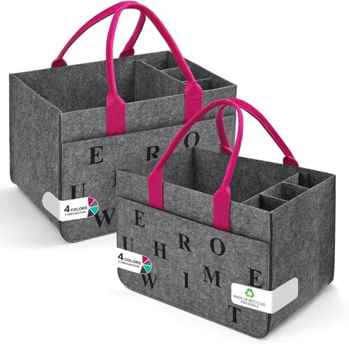 SJZG-Sac En Feutre Shopper Avec Compartiments, Pliable Et Robuste Sac De Course, 30L Panier Courses/Sac À Bouteilles/Sac À Vêtements/Sac À Jouets (2 Pièces Gris Moyen/Magenta)