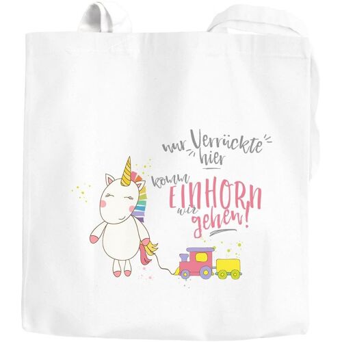 SJZG-Jute Sac Seulement Fous Ici Komm Licorne Nous Allons Unicorn Proverbes Inscription En Allemand Sac En Coton Plastique Sac Transport Moon Works®, Crazy Unicorn Weiß, 2 Lange Henkel