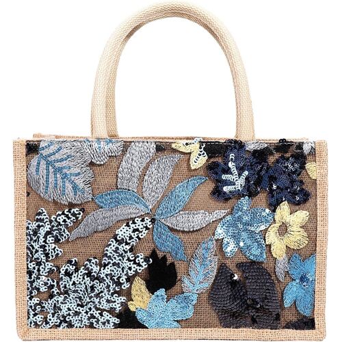 SJZG-Sacs Fourre Tout Femme Grand Sac En Jute Sac Cabas Shopping Léger Sac A Main Avec Brodé Fleur Sac De Plage Pliable Réutilisable Pour Les Sorties Camping Magasin Bleu Foncé