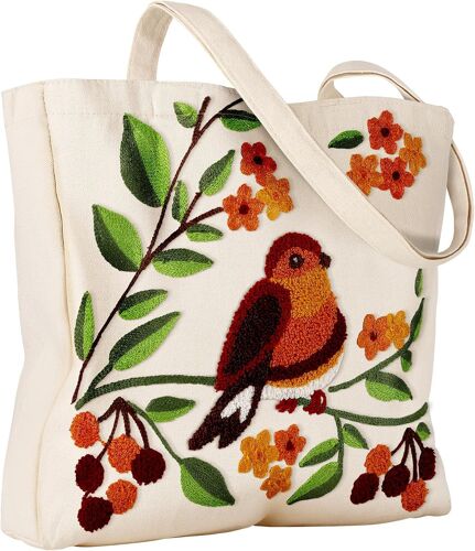 SJZG-Sac Fourre-Tout Esthétique En Toile Brodée Pour Femme ¿ Sac Fourre-Tout En Lin Pour Femme, Pour Les Amateurs De Broderie 3D, Adapté Pour Le Shopping, Le Travail, Les Voyages, Les Vacances