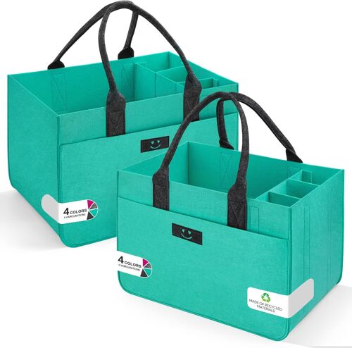 Sjzg-Lot De 2 Sacs À Provisions En Feutre Avec Compartiments - Grand Sac En Feutre - 30 L - Pliable - Sac Pour Bouteilles De Cheminée, Vêtements - Sac À Jouets (Smiley Turquoise + Gris Foncé/2