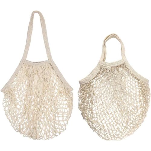 SJZG-2 Pcs Sacs De Courses En Maille De Coton Réutilisables Beiges, Sac De Courses En Coton, Sac Filet À Provision, Cabas En Coton Tissé Portables Et Lavables Avec Longue Poignée Pour Fruits Et Légum