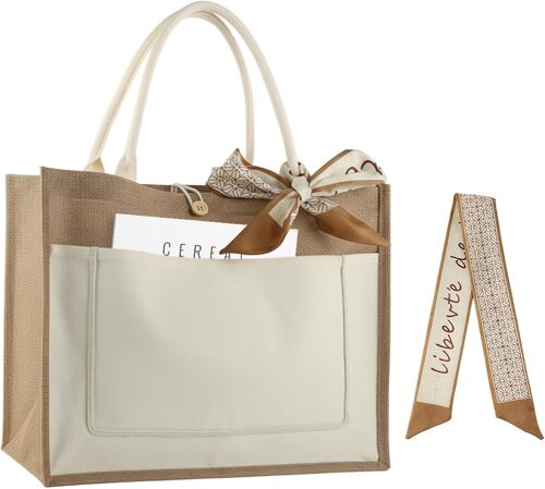 Sjzg-Sac Portable En Toile De Jute Naturelle, Classique En Jute Naturel Avec Un Foulard, Sac En Toile De Jute Portable Réutilisable Avec Doublure Imperméable, Pour Shopping (A)