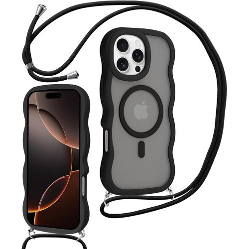 Cfus-Coque Magnétique Pour Iphone 16 Pro Max Avec Cordon,Compatible Avec Magsafe,Translucide Mat Cadre Ondulé Vague Bouclée Coque, Réglable Collier Lanière Étui Lanyard Case Antichoc Housse,Noir