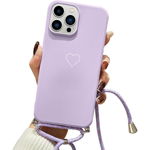 Coque Pour Iphone 13 Pro Avec Collier Réglable Coque Iphone 13 Pro Avec Motif Coeur D'amour Etui Housse Silicone Tpu Avec Cordon Tour De Cou Lanière En Corde Pour Iphone 13 Pro (Violet)