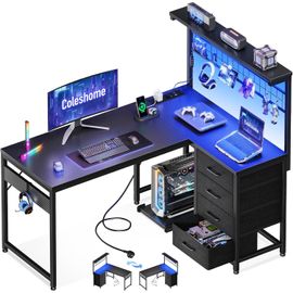 Bureau Gaming Avec Led, 110 X 80 Cm Réversible Table Gaming Avec Tiroirs Et Prises De Courant, Bureau D'angle Avec Compartiment De Rangement, Noir Carbone
