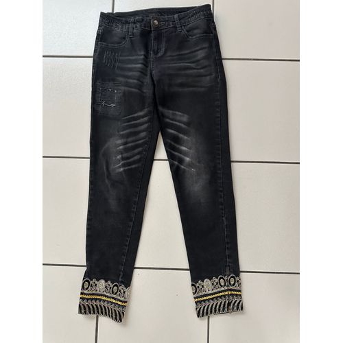 Jeans Slim Noir Effet Usé Taille 36 Desigual Bas Brodé Et Zip