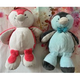 Doudou pingouin Noukie’s lot de deux rose et bleu peluches jouets bébé Noukies 