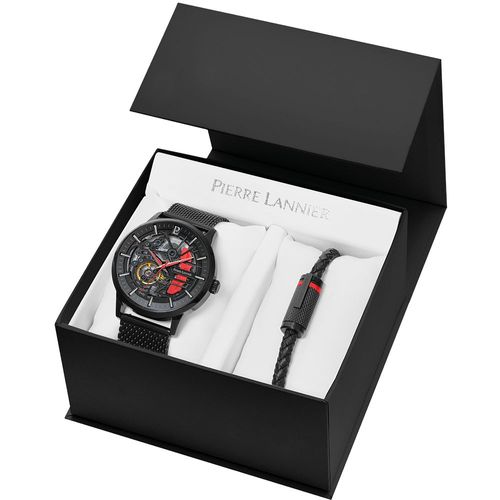 Coffret Homme Paddock Noir Cadran Noir Bracelet Acier Milanais Noir 22 Mm