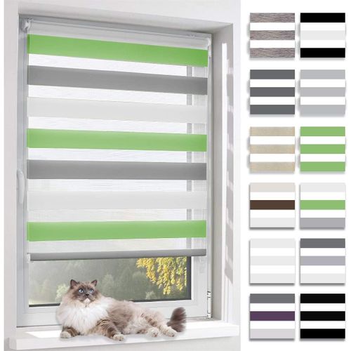 Store Enrouleur Jour Nuit, Tissu Double, Rideau Sans Perçage, Translucide Occultant Et Protection Vie Privée,Pour Fenêtre Et Porte,Vert-Gris-Blanc,105l X 120l Cm