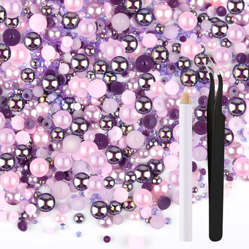 Kal-G Mélange De Strass Demi-Perles Pour L'artisanat Taille Mixte 3mm-Mm Strass À Dos Plat Pour Gobelets Mugs Nail Art Chaussures (Série Violet Rose)