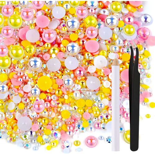 Kal-G Mix Demi-Perles Strass Flatback Pour Artisanat Taille Mixte 3mm-Mm, Perles Flatback Pour Diy Gobelets Tasses Nail Art Chaussures Vêtements (Série Rose Jaune)