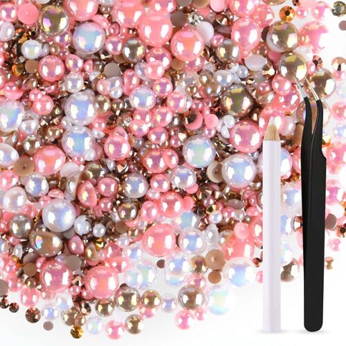Kal-G Mélange De Demi-Perles De Strass À Dos Plat Pour Travaux Manuels Taille Mixte 3mm-Mm, Perles À Dos Plat Pour Gobelets De Bricolage Tasses Nail Art Chaussures Vêtements(Série Marron Rose)