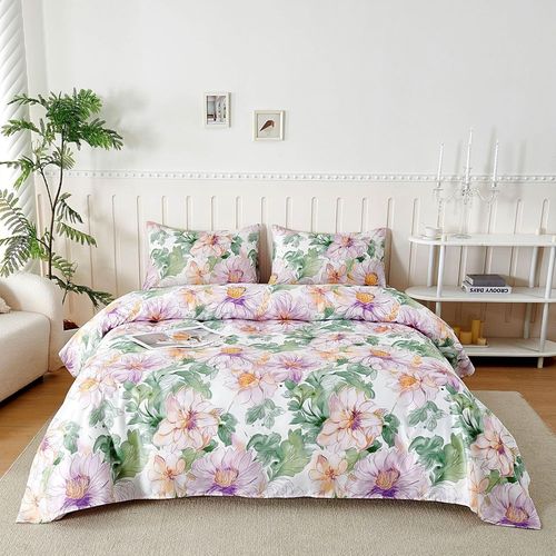 Parure De Lit 180X190/200 Cm En Microfibre, Ensemble De Draps 4 Pièces Imprimée, Drap Housse Ajustable 180X200 Cm Cm, Drap Plat 2 Personnes 240X250 Cm Et 1 Taie D'Oreiller 50X80, Voyage Fleur Violet