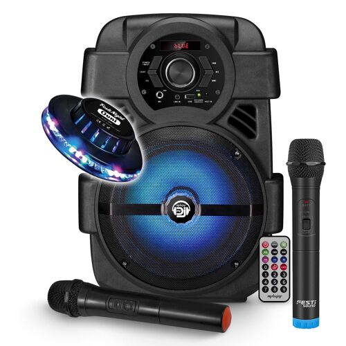 Enceinte Mobile DJ sur batterie 400W - USB/Bluetooth, Soirée en famille, Fête, Karaoké avec 2 Micros VHF sans fil, Soucoupe OVNI