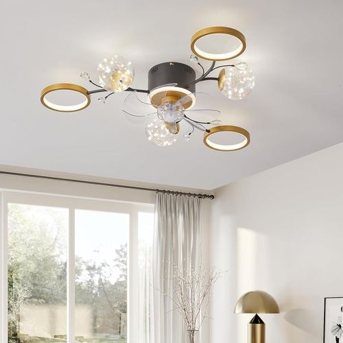 CHECARZHN--NO1-Ventilateur De Plafond 37"" Avec Lumière, 6 Lumières Flush Mount Avec Anneau Doré Et Abat-Jour En Verre Transparent, Plafond Fandelier Avec Télécommande Pour Salon, 6 Vitesses, Minuteri