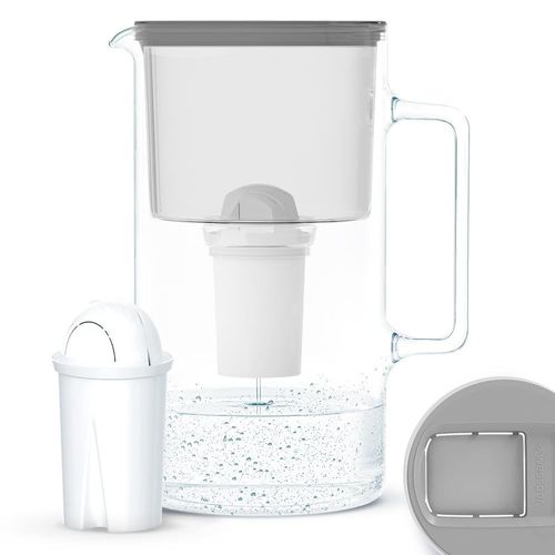 Carafe En Verre Avec 1 Filtre À Eau (Compatible Avec Brita Classic), Eau Filtrée Avec Grand Goût Et Pureté Réduit Les Dépôts De Calcaire Et De Chlore 3 Litres, Gris