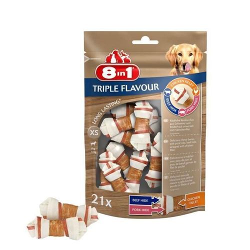 8in1 Triple Flavour Os A Macher Premium Xs Aux Boeuf. Porc. Poulet - Pour Chien De Petite Taille - 10 Pieces