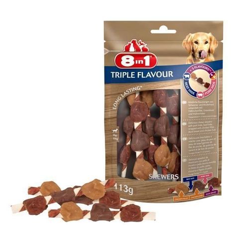 8in1 Triple Flavour Brochettes A Macher Premium Aux Boeuf. Porc. Poulet - Pour Chien De Petite Taille - 6 Pieces