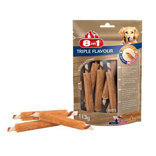 8in1 Triple Flavour Ribs A Macher Premium Aux Boeuf. Porc. Poulet - Pour Chien De Petite Taille - 6 Pieces