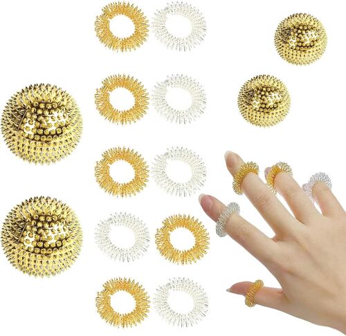 Kal-Pièces Boules D'acupression Magnétiques Avec 10 Pièces Anneaux De Massage Balle De Massage À Picots Pour Les Mains Balle De Massage Avec Aiguilles Anti-Stress (Or, Argent)
