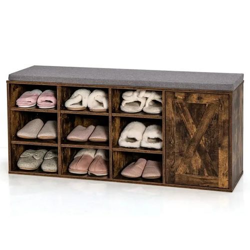 Costway Meuble À Chaussures Avec Coussin En Lin Rembourré - Étagères Ajustables, 9 Cubes De Rangement Meuble D¿Entrée Marron