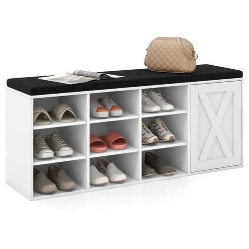 Costway Meuble À Chaussures Avec Coussin En Lin Rembourré - Étagères Ajustables, 9 Cubes De Rangement Meuble D¿Entrée Blanc