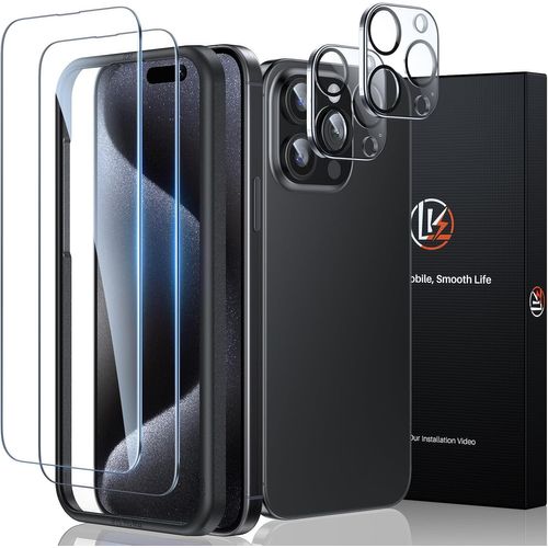 2+2 Verre Trempé Iphone 15 Pro 6.1,Contenir 2pcs Protection Écran Et 2pcs Caméra Arrière Protecteur,Avec Cadre D'installation 9h Dureté,Ultra Clair