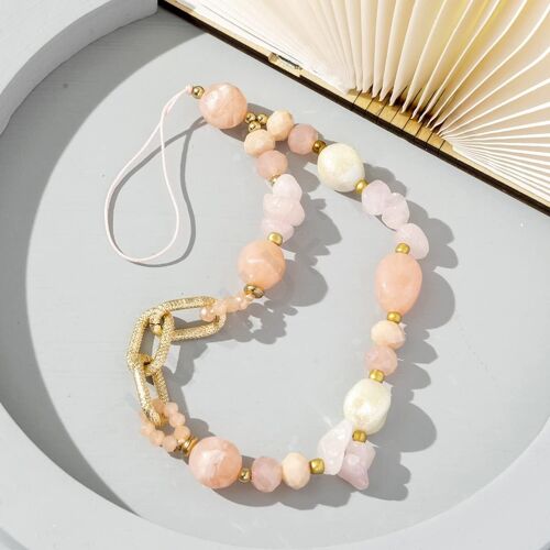 KAL-Chaîne De Téléphone Portable Anti-Perte Bohème -Chaîne Universelle De Téléphone -Perles Colorées -Gravier Acrylique -Dragonne -Chaîne De Perles -Porte-Clés -Bijoux Pour Femmes -Rose