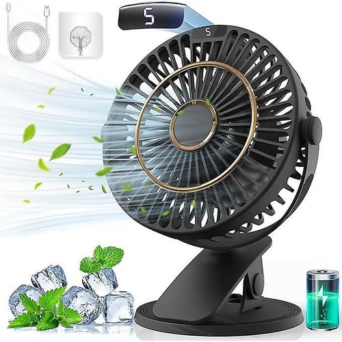 Ventilateur de bureau rechargeable, mini ventilateur USB avec écran LCD, 5 vitesses, rotation à 720°, silencieux, portable, pour bureau/maison/camping - Noir