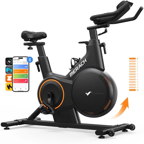 Vélo D'appartement Merach, Résistance Magnétique 16 Niveaux, Lnclinaison De 6% Vers Le Haut Et Le Bas, Écran Led, Bluetooth, App Compatible, 160kg
