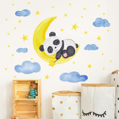 Un Ensemble D'autocollants Muraux - Décoration Murale Pour Chambre De Bébé - Autocollant Mural Pour Chambre D'enfant Panda Sur La Lune Autocollant Mural Étoiles