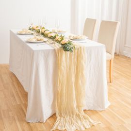 Chemin de table en étamine,90x400 cm,Long chemin de table rustique en gaze,En tissu semi-transparent pour décoration de mariage, fête prénuptiale(beige)