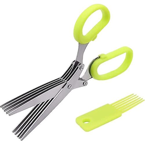 Ciseaux À Herbes, Ciseaux De Cuisine En Acier Inoxydable À 5 Lames, Avec Peigne De Nettoyage, Pour Oignons Verts, Persil, Basilic, Ail, Vanille, Vert