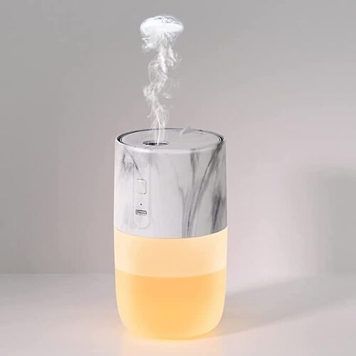 Mini humidificateur d'air, humidificateur à ultrasons 360 ml, anneau de fumée de méduse, humidificateur rechargeable par USB avec 4 LED multicolores pour voiture, voyage, chambre (blanc)
