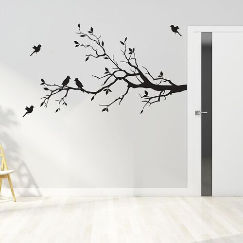 Lot d'autocollants muraux amovibles motif branches d'arbres, feuilles, oiseaux, décoration d'intérieur, chambre à coucher, noir