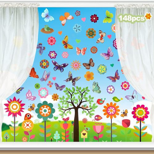 148Pcs Autocollants Fenêtre Papillon,9 Feuilles PVC Autocollant Réutilisables,Anti-Collision Fleurs Fenetre Electrostatique