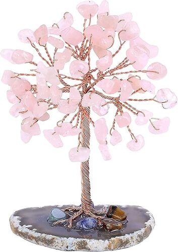 Arbre De Guérison En Cristaux D'aigue-Marine Naturelle Sur Base En Tranche D'agate, Pierres Précieuses De Guérison Pour La Décoration De Table Feng Shui À Domicile Ou Au Bureau (Rose)