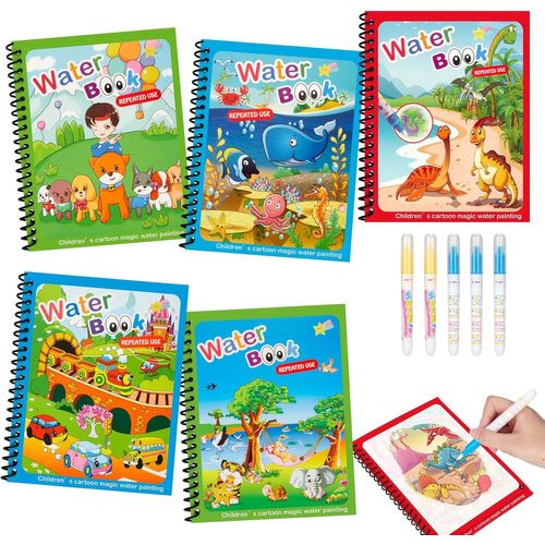 KALANKA-Livre Magique à L'eau Réutilisable, Livre de Dessin Magique de L'eau avec 5 Stylo Magique, Magic Water Book, Livre de Coloriage a l¿eau pour 3 4 5 6 7 âge Garçons Filles, Thème Animalier
