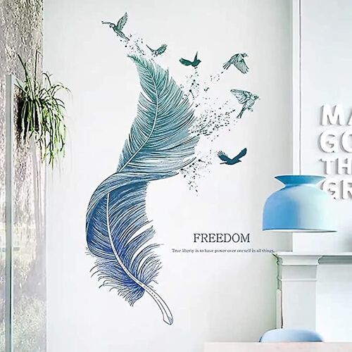 Stickers muraux PLUMES en bleu (124×72 cm) I Sticker mural décoratif Oiseaux Affiche moderne I Décoration pour salon chambre cuisine couloir meubles