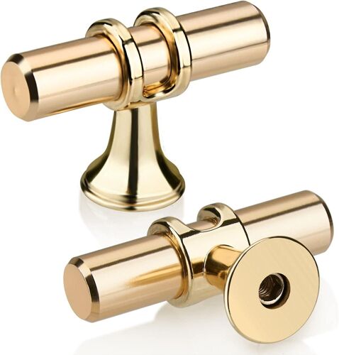 Lot de 2 boutons de tiroir en T dorés, poignée de meuble de cuisine moderne et élégante en alliage de zinc à trou unique pour cuisine, salle de bain et chambre à coucher