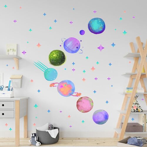 Un ensemble d'autocollants muraux planètes étoiles, autocollants muraux amovibles pour la décoration de la chambre à coucher et du salon