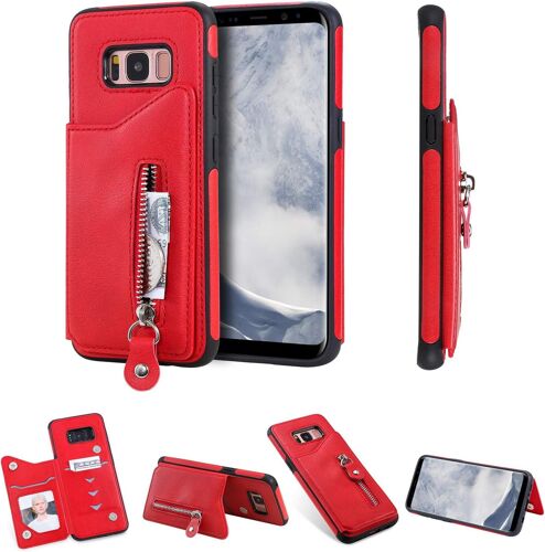 KAL-Coque Compatible Avec Samsung Galaxy S8, Fonction De Support De Portefeuille En Cuir Housse Arrière En Tpu (Anti-Chute) Couleur Unie - Rouge