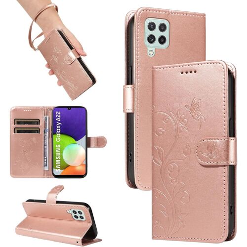 KAL-Coque Pour Samsung Galaxy A22 4G / M32 / F22 / M22 - Étui Coque Antichoc Portefeuille Avec Porte Cartes, Pu Cuir Magnétique Boîtier En Silicone Et Protection De Caméra, Or Rose